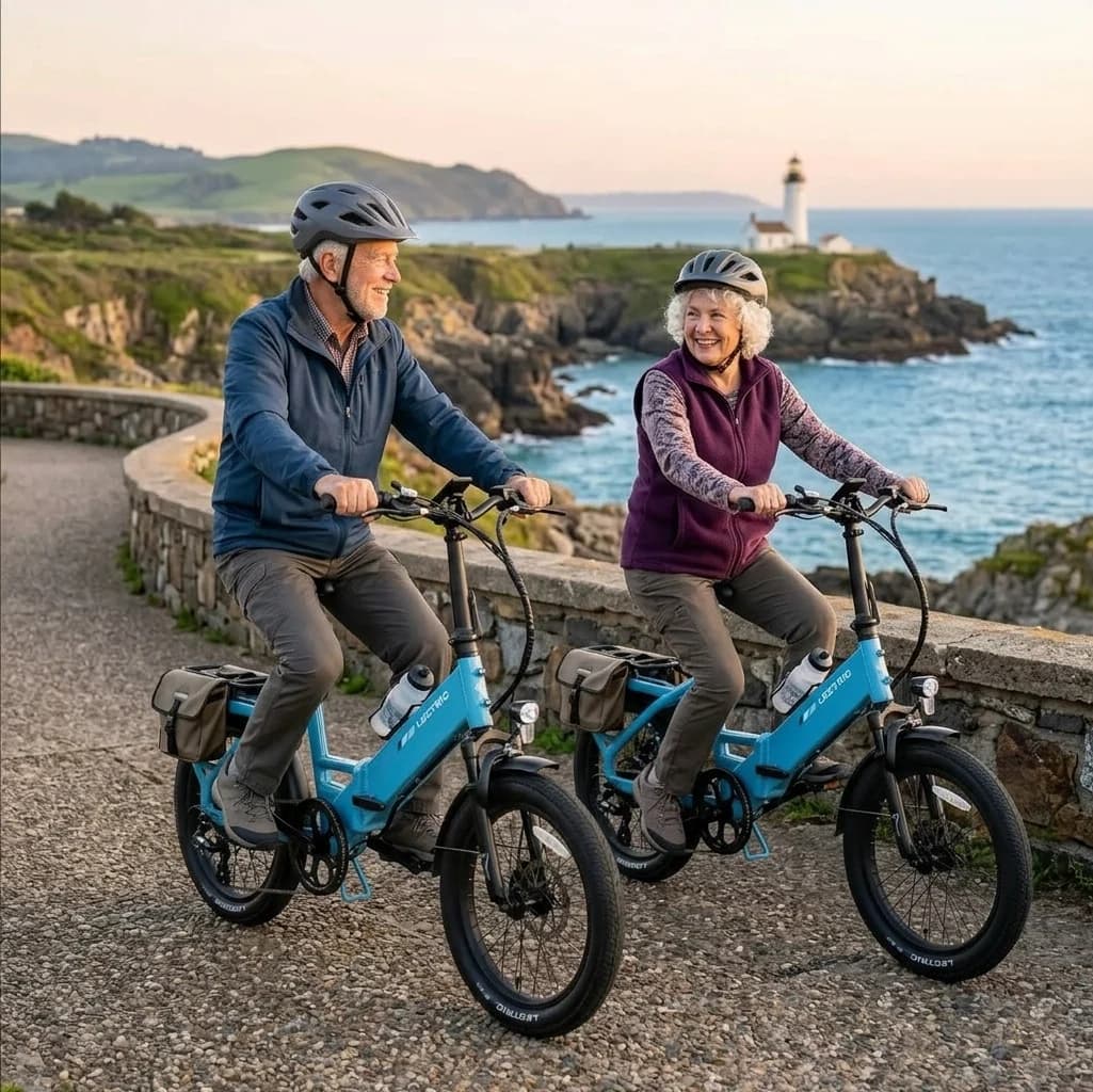 Older couple enjoying a scenic coastal ride together on Lectric XP4 eBikes